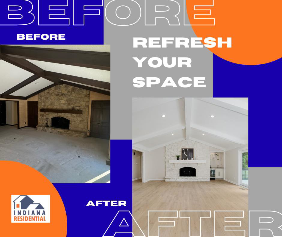 A before and after comparison of a living room refresh project by Indiana Residential in Indianapolis, IN.