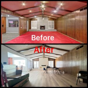 Before and after comparison of a living room remodel, showing new flooring, paint, and updated ceiling by Forged Builds Custom Remodels in El Paso, TX.
