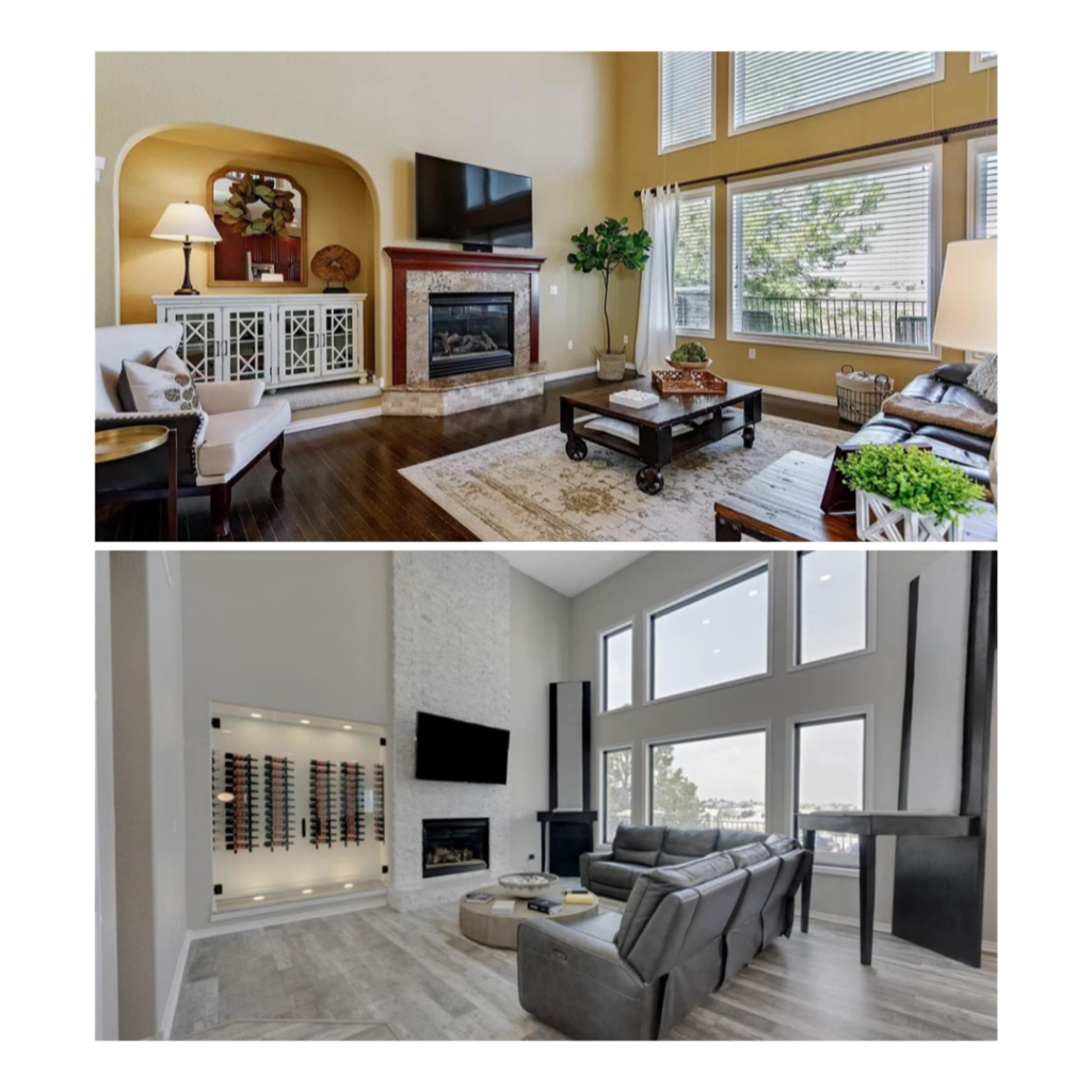 Before and after of a living room renovation, including new flooring, by Infinite Transformations LLC in Denver, CO.