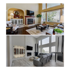 Before and after of a living room renovation, including new flooring, by Infinite Transformations LLC in Denver, CO.