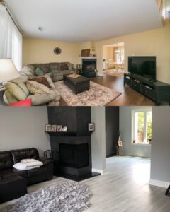 Before and after of a living room renovation, including new flooring, paint, and fireplace by PTA Construction INC. in Jersey City, NJ.