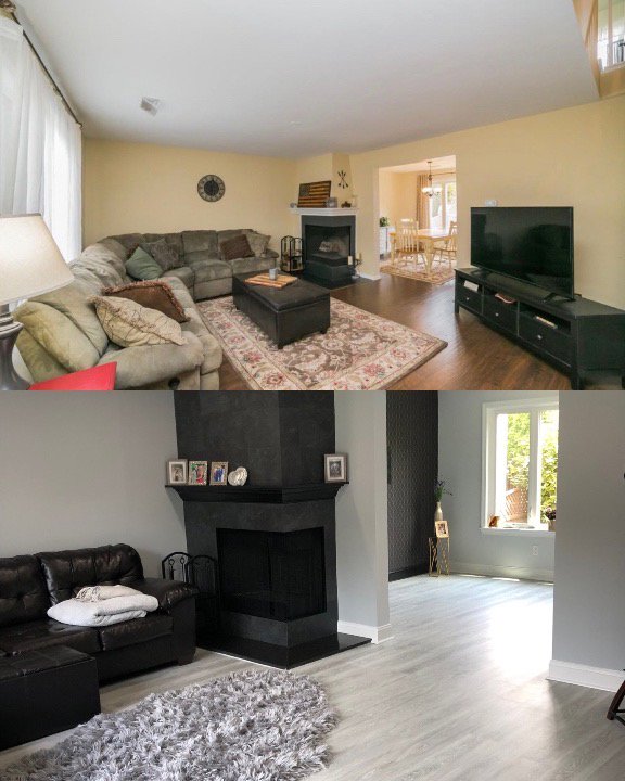Before and after of a living room renovation, including new flooring, paint, and fireplace by PTA Construction INC. in Jersey City, NJ.