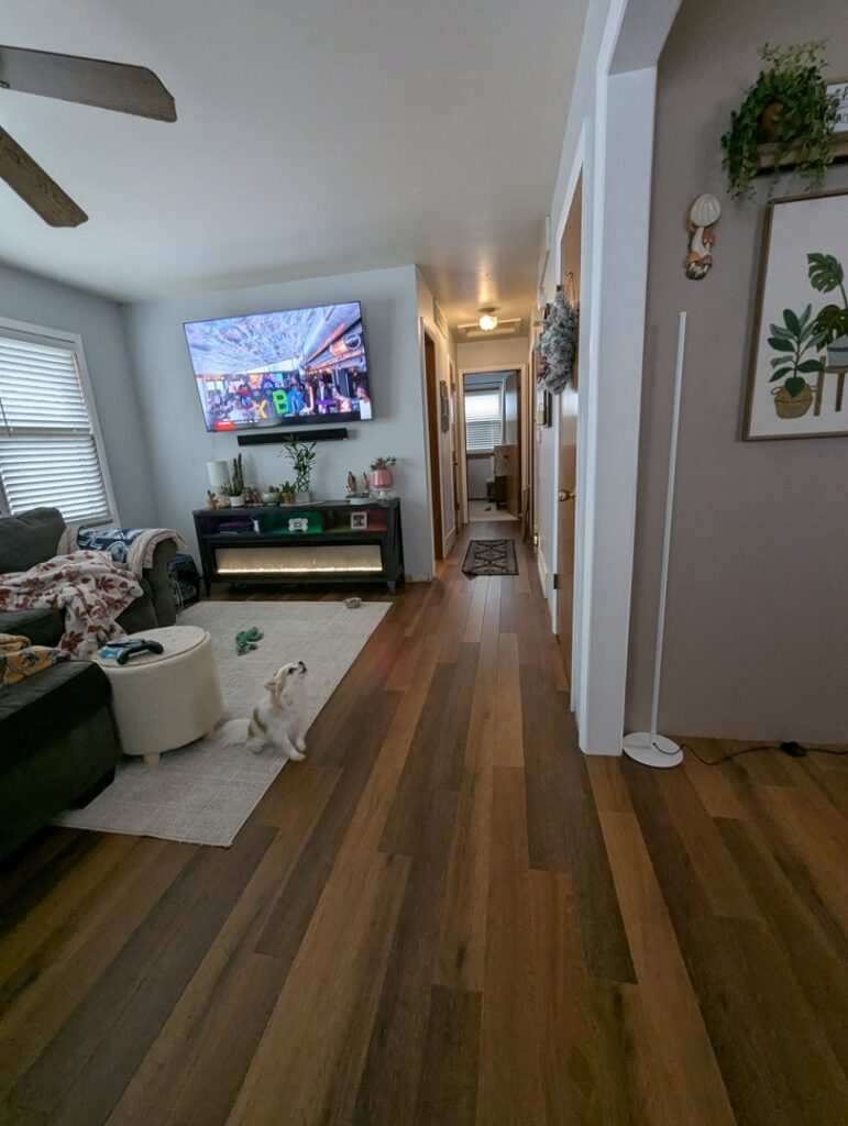 Newly installed wood-look vinyl plank flooring in a living room and hallway by Creative Carpets in North Las Vegas, NV.