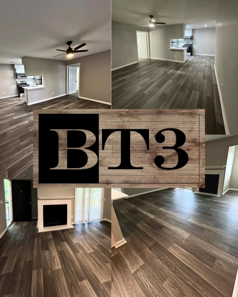 A collage showing a renovated living space with new dark wood flooring and fresh paint by BT3 Renovations in Dayton, OH.