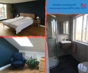 A completed loft conversion showcasing a bedroom, sitting area, and bathroom by MPK Conversions & Construction Ltd in Bristol, UK.