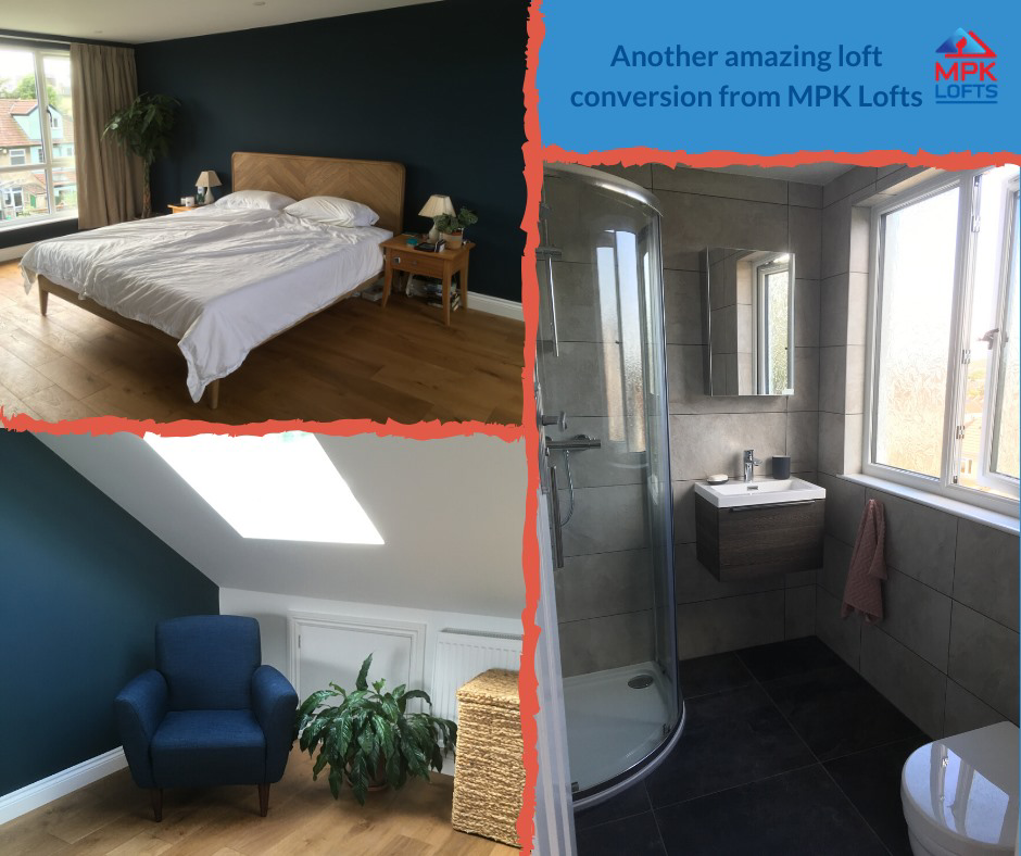 A completed loft conversion showcasing a bedroom, sitting area, and bathroom by MPK Conversions & Construction Ltd in Bristol, UK.