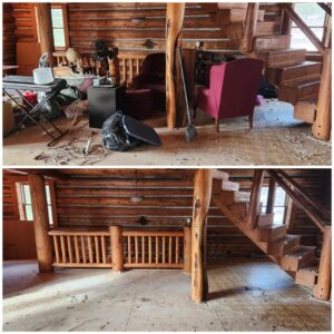 Before and after comparison of a log cabin interior, showing clutter removed by Missoula Junk Removal, LLC in Missoula, MT.