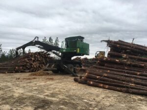 Heavy logging equipment and large piles of cut logs in a forest, demonstrating land clearing by Jon's Tree Service in Pelham, AL.