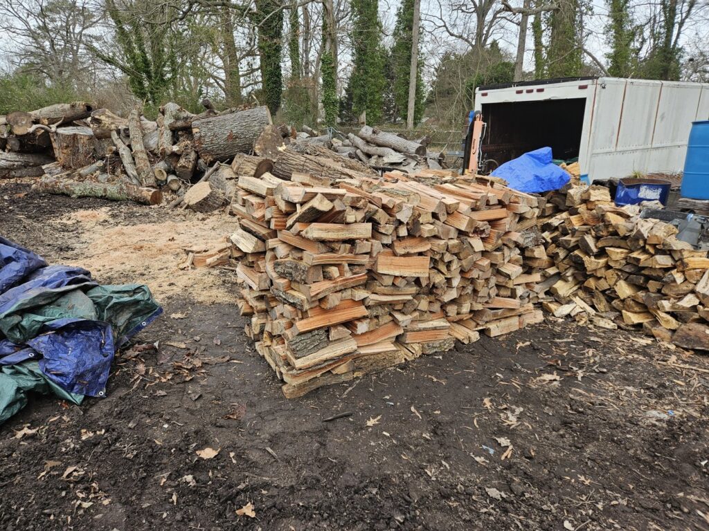Piles of logs and stacked firewood in a work yard by William "Rusty" Ruskey Tree Service in Newport News, VA.