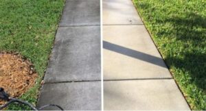 Before and after of a long concrete driveway cleaning by Total Powerwashing in Valley Park, MO.