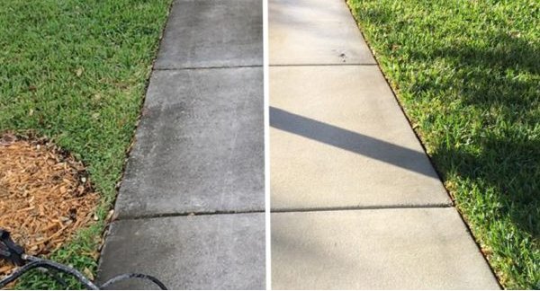 Before and after of a long concrete driveway cleaning by Total Powerwashing in Valley Park, MO.