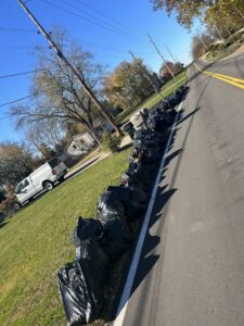 A long line of black trash bags neatly placed along the roadside for pickup by Sos Junk Removal in Akron, OH.