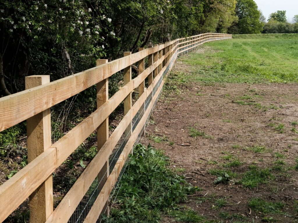 A long wooden fence with wire mesh along the bottom, showcasing fence installation by Steven's Deck and Fence Staining Columbus, GA.