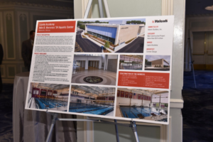 A display board showcasing the completed Loyola Academy Aquatic Center project by Valenti Builders, Inc. in Chicago, IL, featuring project details and photos.