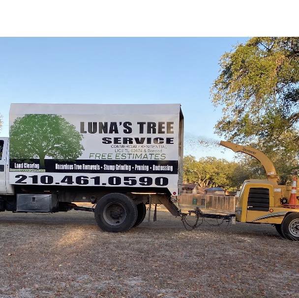A close-up of a Luna's Tree Service truck displaying the business name, logo, and services offered in San Antonio, TX.
