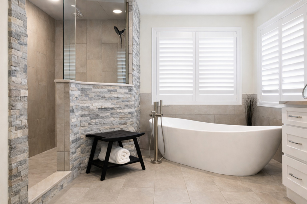 A luxurious bathroom remodel with a freestanding tub and walk-in shower by Alpine Contracting in Colorado Springs, CO