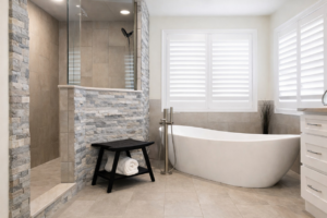 A luxurious bathroom remodel with a freestanding tub and walk-in shower by Alpine Contracting in Colorado Springs, CO