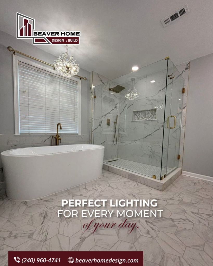 A luxurious bathroom remodel with a freestanding tub and a glass-enclosed shower by Beaver Home Design + Build in Maryland, VA, DC.