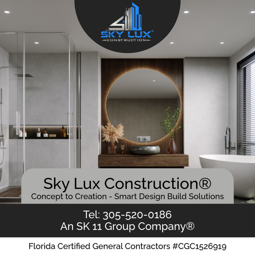 A luxury bathroom renovation with a walk-in shower and freestanding tub by SK 11 Group, Inc. in Miami, FL.