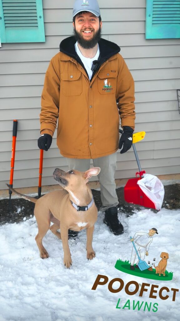 A man and a dog standing with poop scooping tools in a snowy yard for Poofect Lawns in Syracuse, NY