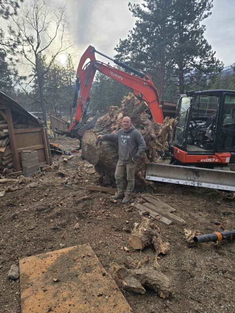 A man standing next to a large tree root ball with an excavator, showing stump removal by PJ's Tree Service in Missoula, MT.