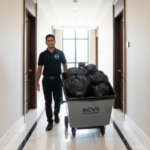 A man in uniform pushing a large cart filled with trash bags for Kansas City Valet Sanitation in Overland Park, KS.