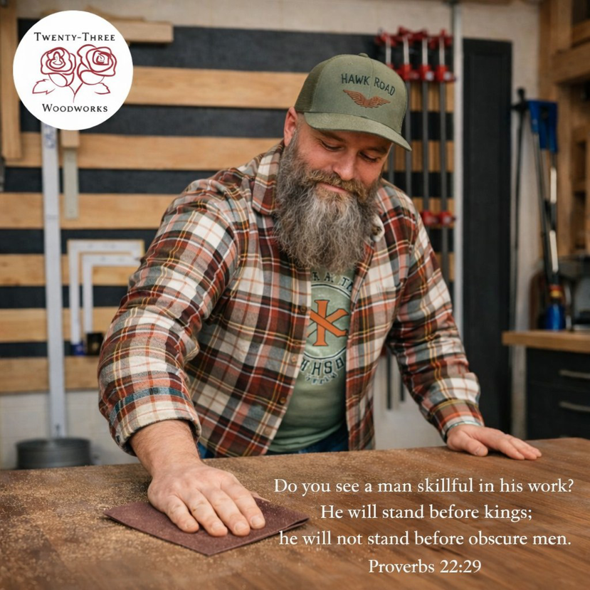 A handyman from Twenty-Three Roses Woodworks sanding a wooden surface in North Little Rock, AR.