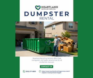 A man standing by a green dumpster with old cabinets and furniture for junk removal by Heartland Recycling Services in Portland, OR.
