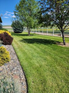 A manicured lawn with clean stripes and well-maintained landscaping, demonstrating the quality work of Battleship Property Maintenance in Lewiston, ID.