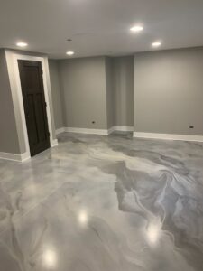 A newly installed marbled epoxy floor by Waldron Construction, Kitchen & Bath in Antioch, IL