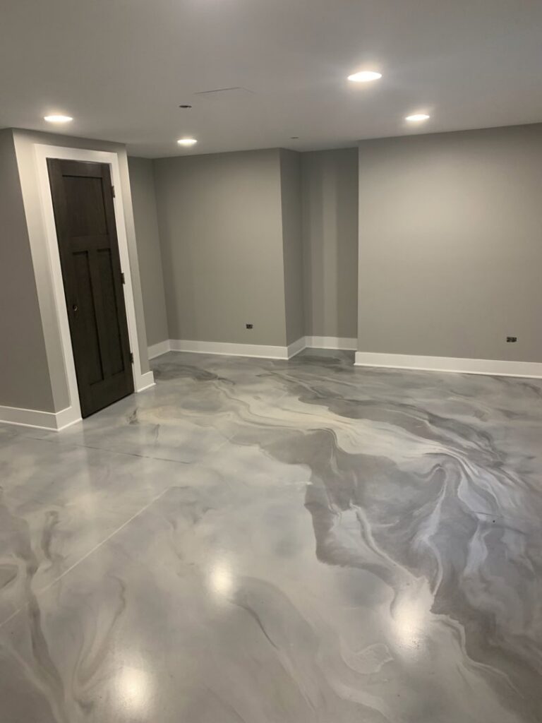 A newly installed marbled epoxy floor by Waldron Construction, Kitchen & Bath in Antioch, IL