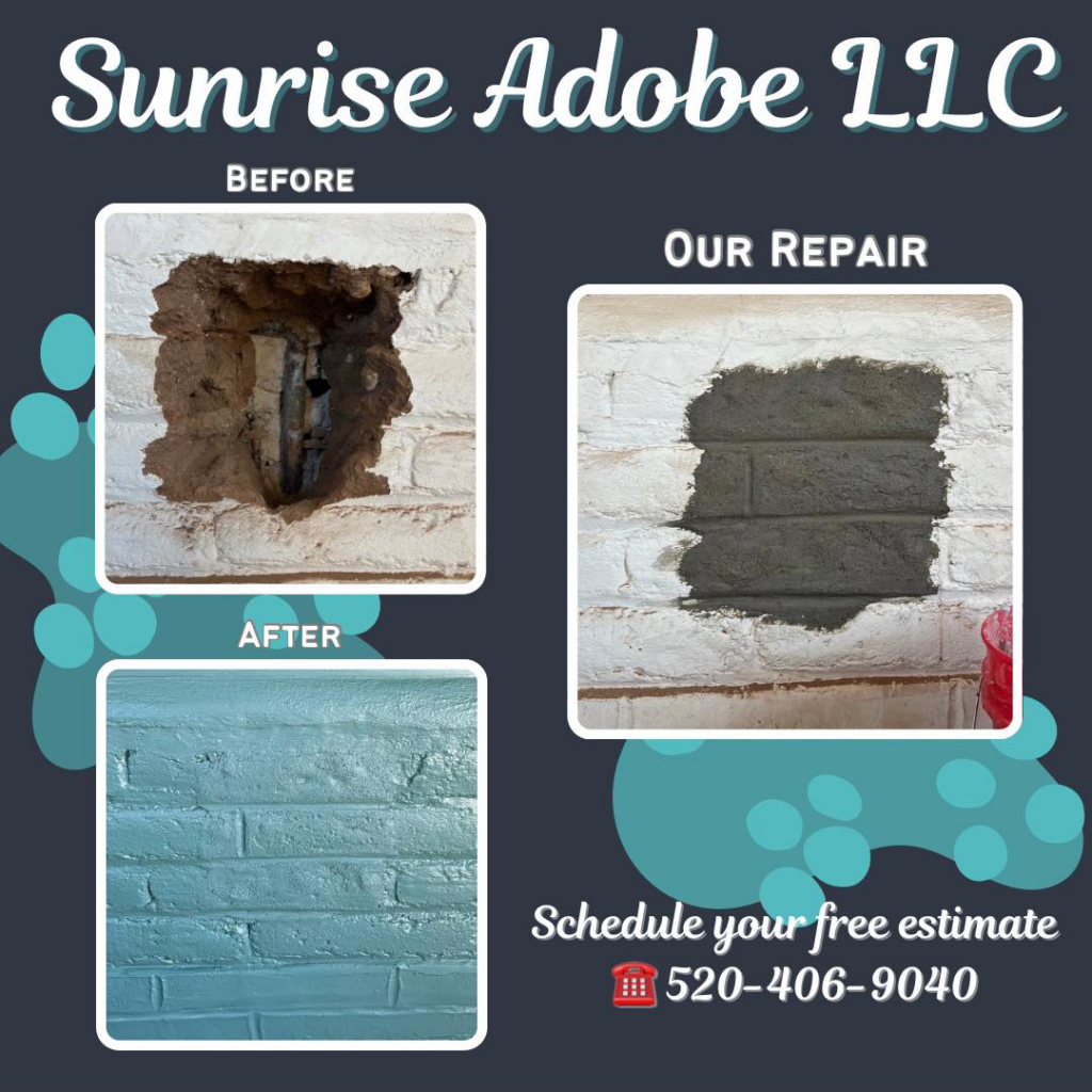 Before and after images of a masonry or adobe wall repair service provided by Sunrise Adobe LLC in Tucson, AZ.