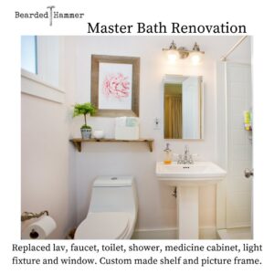 A master bathroom renovation including new lav, faucet, toilet, shower, and custom shelf by Bearded Hammer LLC in Meridian, ID.