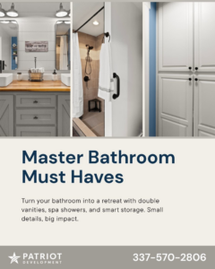 A collage showing master bathroom upgrades including double vanities and a modern shower by Patriot Development in Denton, TX.