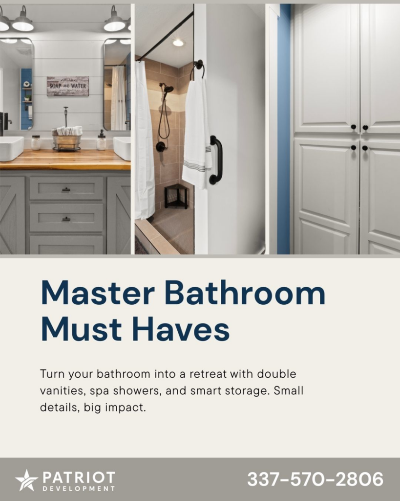 A collage showing master bathroom upgrades including double vanities and a modern shower by Patriot Development in Denton, TX.