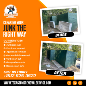 Before and after photos of mattress and debris removal by Texas Junk Removal Service in Austin, TX.