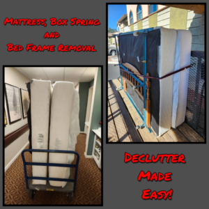 Mattresses on a dolly inside a home and loaded onto a trailer for removal by Valley Sting LLC in Glendale, AZ.