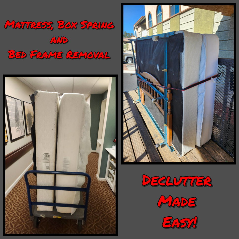 Mattresses on a dolly inside a home and loaded onto a trailer for removal by Valley Sting LLC in Glendale, AZ.