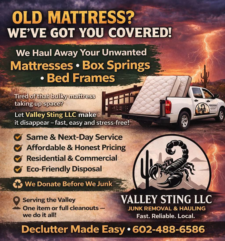 A white pickup truck hauling away unwanted mattresses, a service provided by Valley Sting LLC in Glendale, AZ.