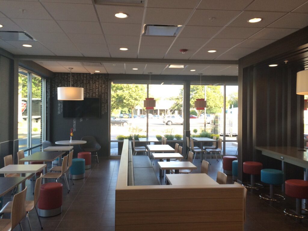 A completed McDonald's restaurant interior dining area by GCM, INC. in Mount Joy, PA