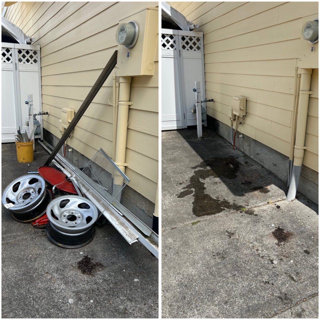 Before and after photos showing metal junk, including car rims, removed from a property by OnPoint Removal Services in Vancouver, WA.