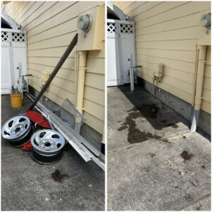 Before and after photos showing metal junk, including car rims, removed from a property by OnPoint Removal Services in Vancouver, WA.