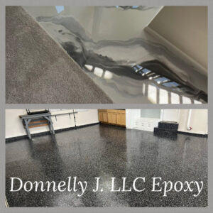 A collage showing a metallic epoxy floor and a flake epoxy garage floor by Donnelly J. LLC Epoxy in St. Charles, MO.