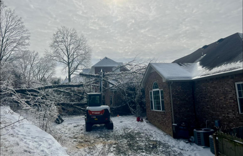 A mini excavator clearing fallen, ice-covered tree branches from a residential backyard by Ogle Tree Service LLC in Nashville, TN.