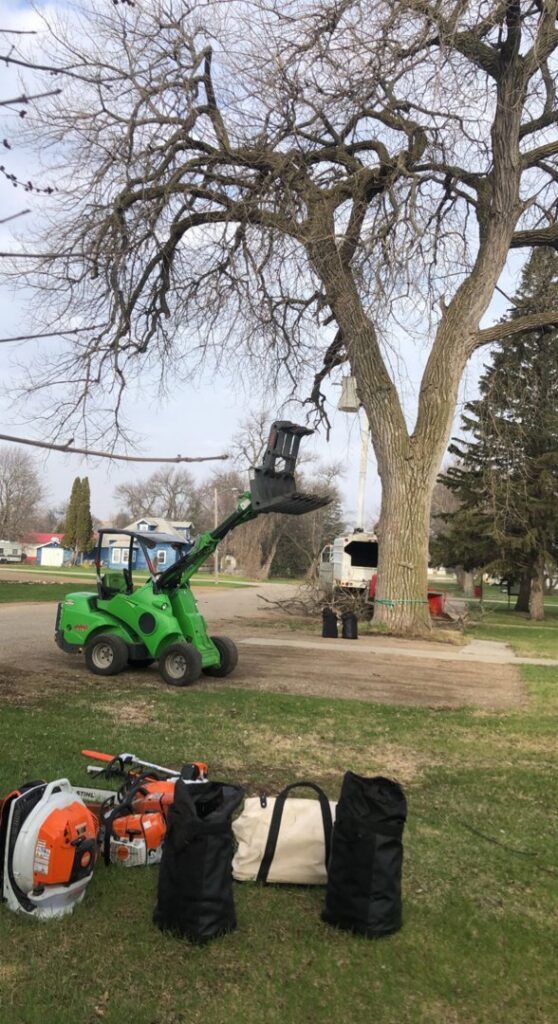 A mini loader moving cut branches during a tree removal job by Custom Cuts Tree Service in Watertown, SD.