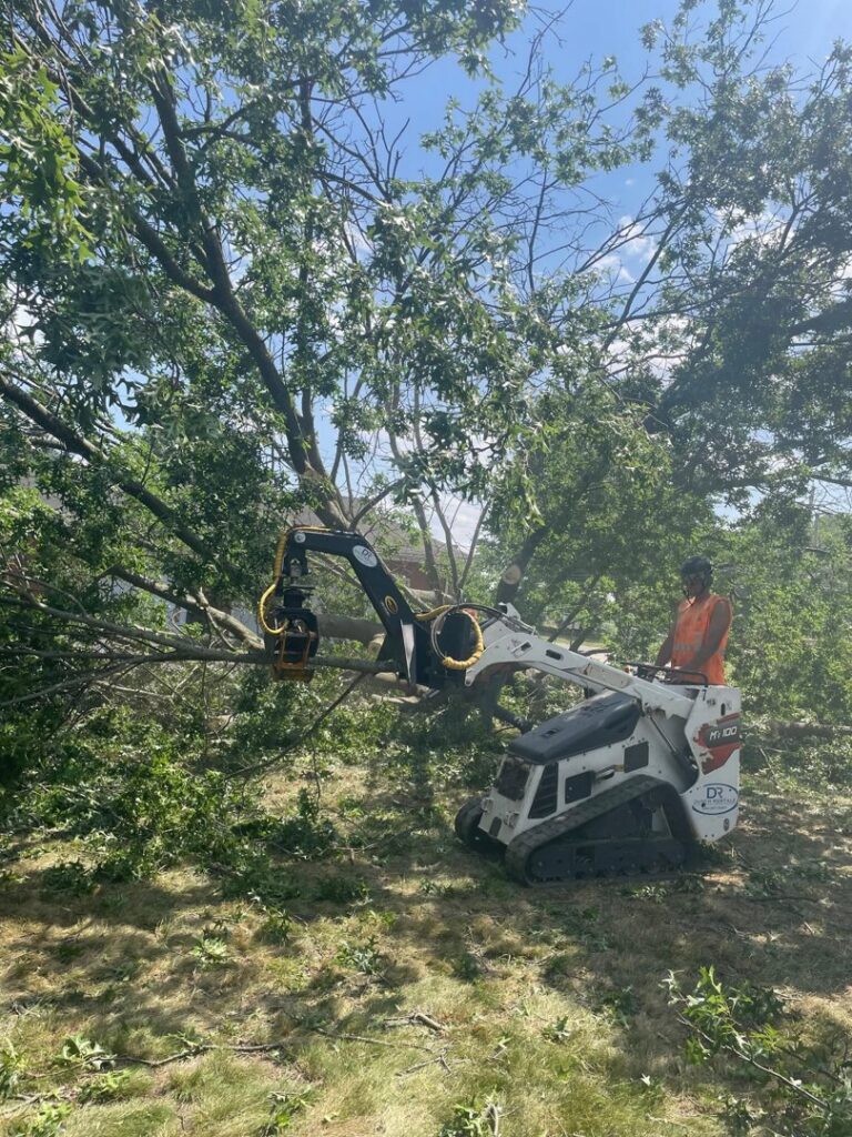 A mini skid steer with a grapple attachment efficiently moving large tree branches during a cleanup operation by Kingdom Tree Company in North Canton, OH.