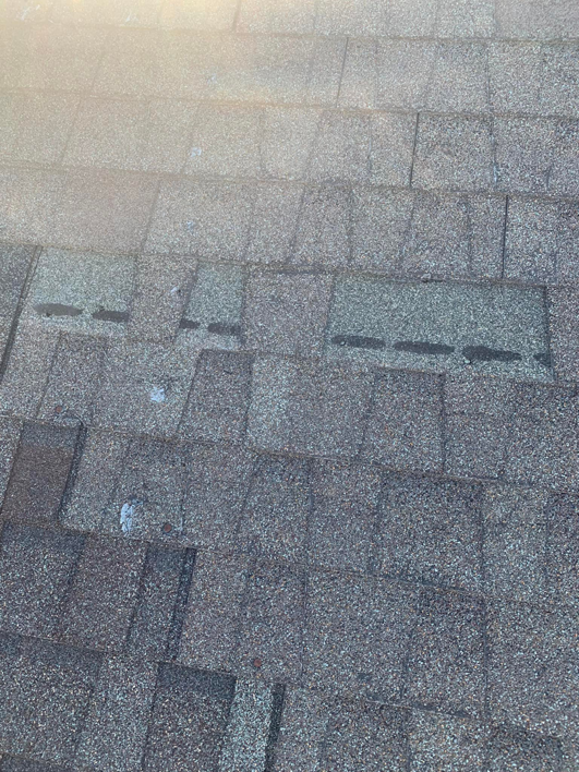 A section of a shingled roof with missing shingles, exposing the underlayment, a repair service by Dan's "Do it All" Handyman Services in Reno, NV.