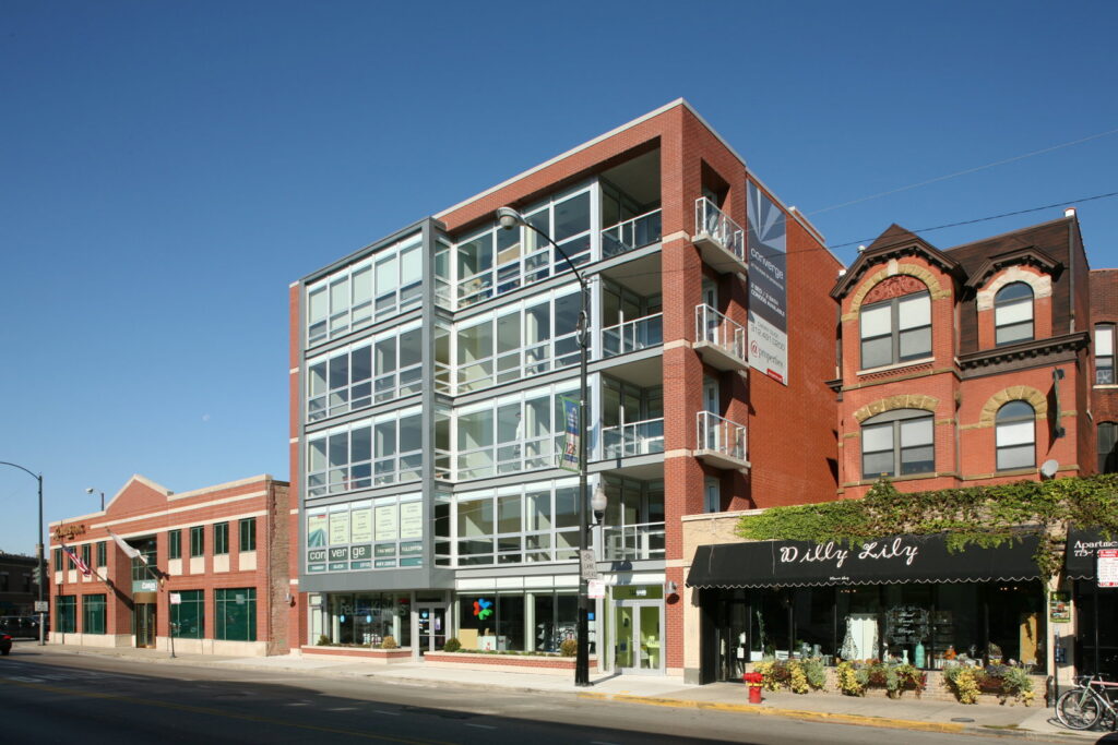 A modern apartment building exterior, a completed project by 3F Construction in Chicago, IL.