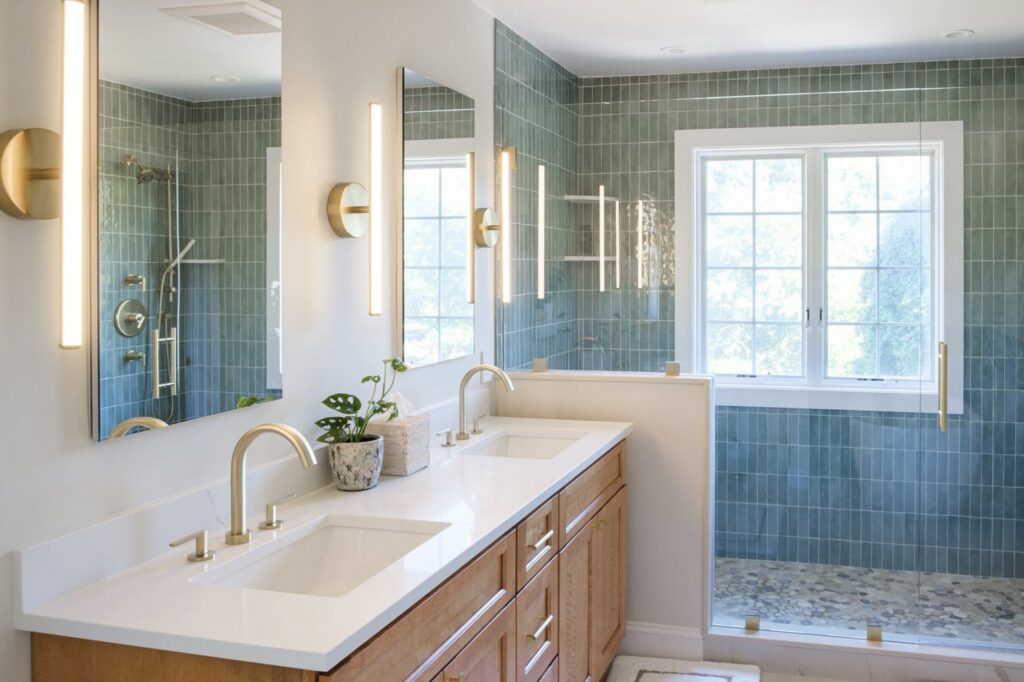 A modern bathroom renovation with a double vanity and green tiled shower, completed by Home Made Easy in Norwalk, CT.