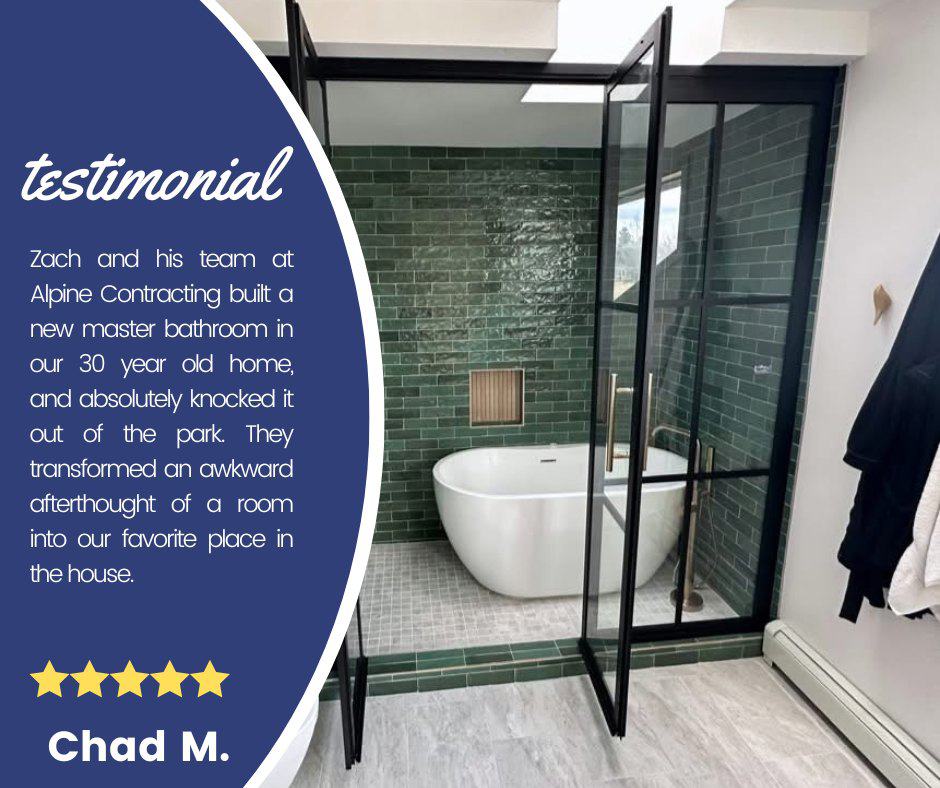 A modern bathroom remodel featuring a freestanding tub and walk-in shower by Alpine Contracting in Colorado Springs, CO